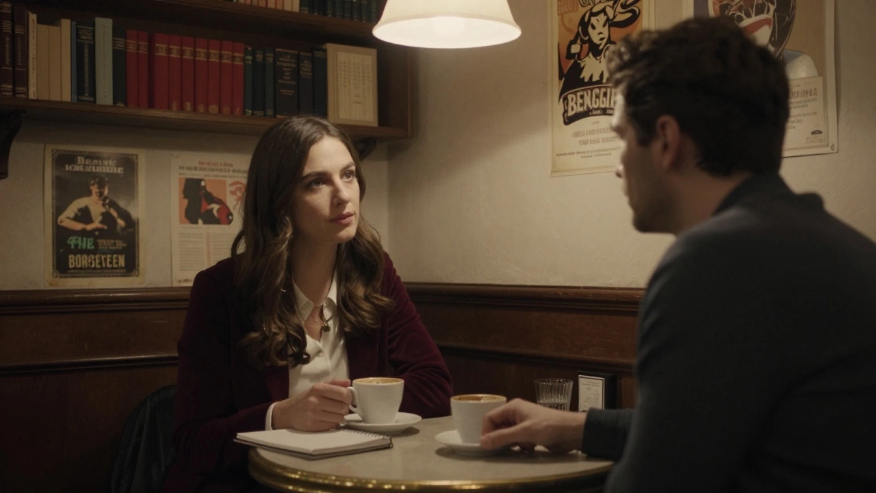 A woman and client converse calmly in a cozy Parisian café, no physical contact, soft lighting and books in the background.