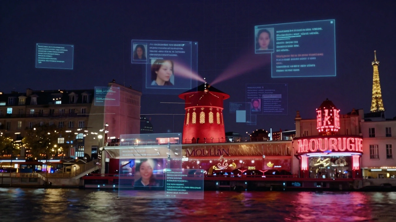Digital fragments of escort profiles dissolve into Paris&#039;s night skyline, symbolizing hidden online networks and personal freedom.